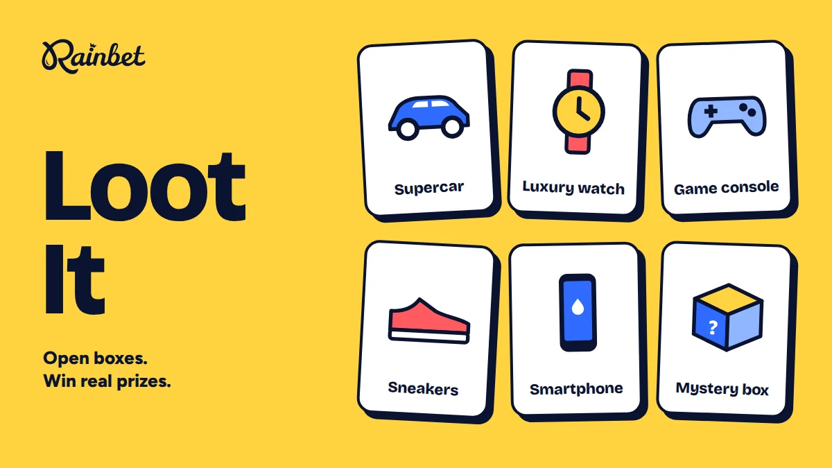 Rainbet Loot It prizes: supercar, luxury watch, game console, sneakers, smartphone and mystery box